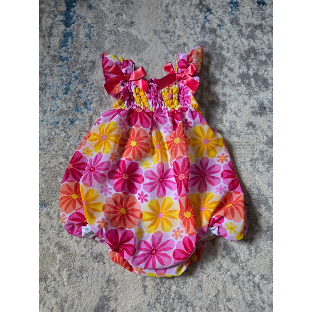 Duck Duck Goose Baby Girl Romper Pink Floral‎ Stretch Bow Strap Accents 3-6M